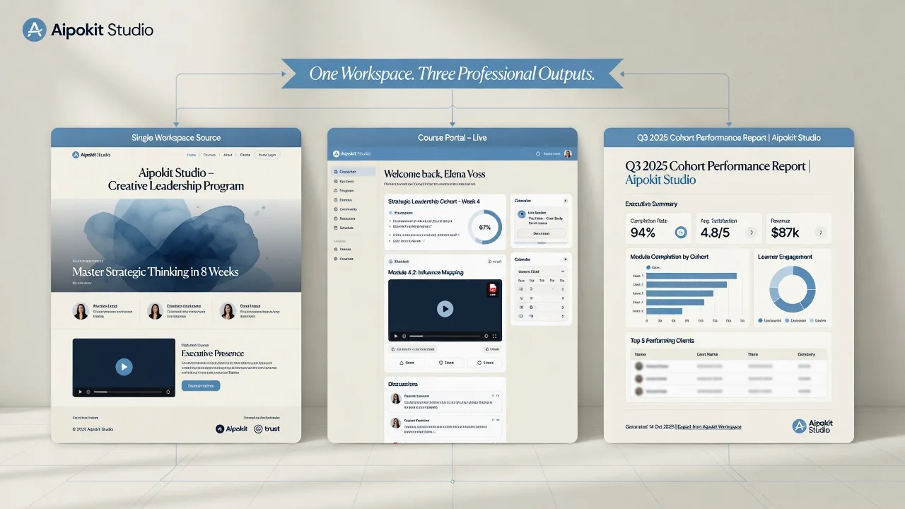 Sites, courses, and reports published from one workspace